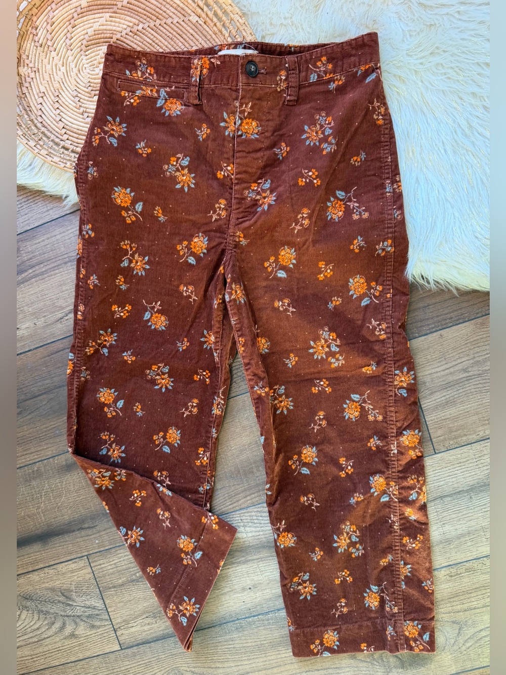 Madewell Brown Floral Slim Emmett Cropped Wide Leg Corduroy Pants Size 28